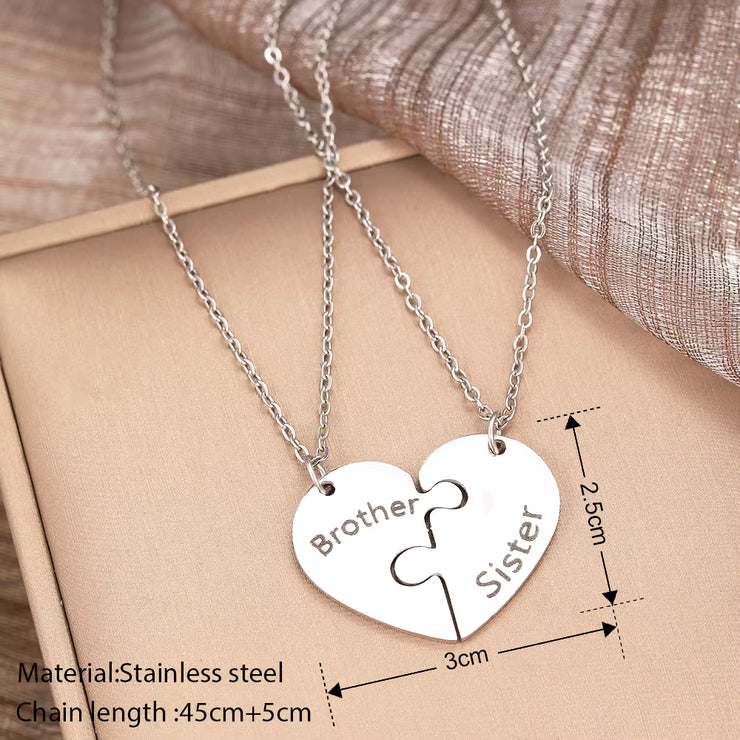 Stainless Steel Necklaces Brother Sister Spliced Heart Pendant Collar Chain Fashion Necklace for Women Jewelry Family Party Gift