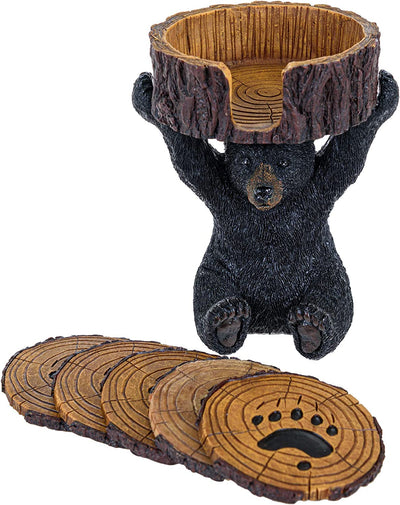 Black Bear Coasters Set – Rustic Design with Bear Holder
