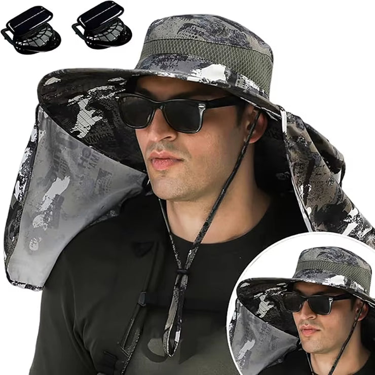 Wide Brim Solar Fan Outdoor Fishing Hat,Men Sun Hat with Solar Fan Fishing Hats,Solar Fan Hat Upf50+ Fan Hat