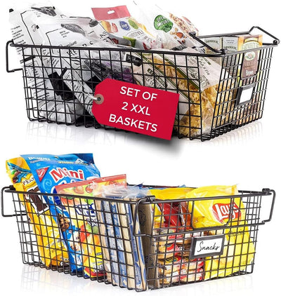 XXL Stackable Wire Baskets for Organizing — Set of 2 Snack & Chips Organizer for Pantry; Wire Storage Baskets with Handles; Extra Large Bronze Chip Storage for Pantry