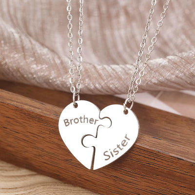 Stainless Steel Brother Sister Heart Pendant Necklace – Family Jewelry Gift for Women