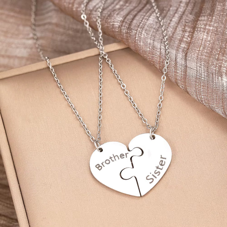 Stainless Steel Necklaces Brother Sister Spliced Heart Pendant Collar Chain Fashion Necklace for Women Jewelry Family Party Gift