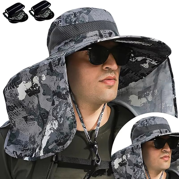 Wide Brim Solar Fan Outdoor Fishing Hat,Men Sun Hat with Solar Fan Fishing Hats,Solar Fan Hat Upf50+ Fan Hat