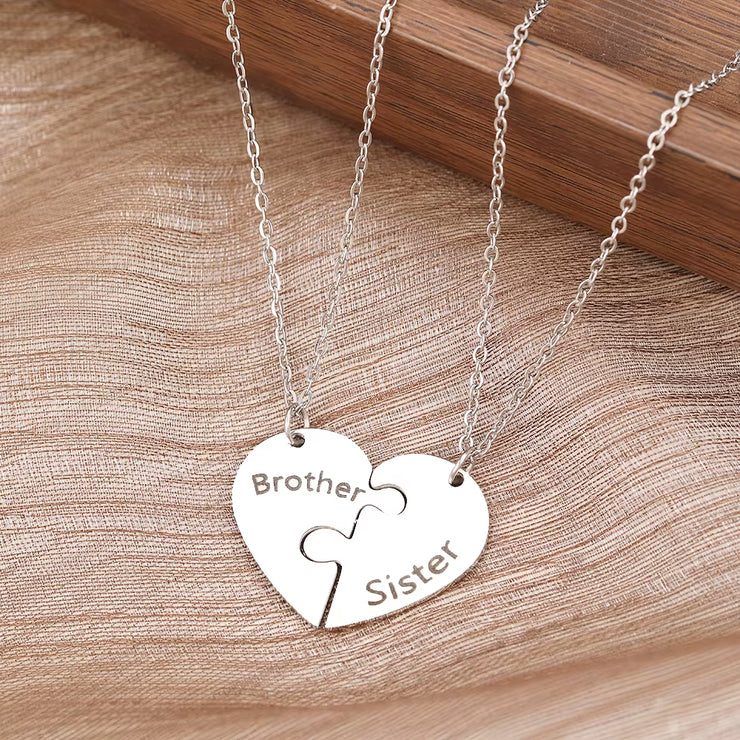 Stainless Steel Necklaces Brother Sister Spliced Heart Pendant Collar Chain Fashion Necklace for Women Jewelry Family Party Gift