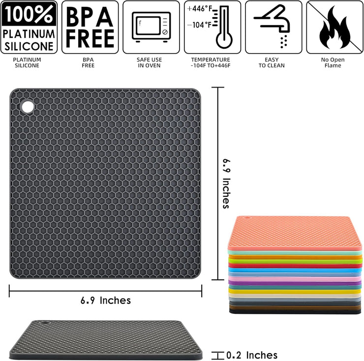 Silicone Trivets Mats Set, Silicone Hot Pads Pot Mat for Countertop, Trivet Pads Heat Resistant, Table Placemats, Square Small Drying Mats, 4 Pack, Black Trivets