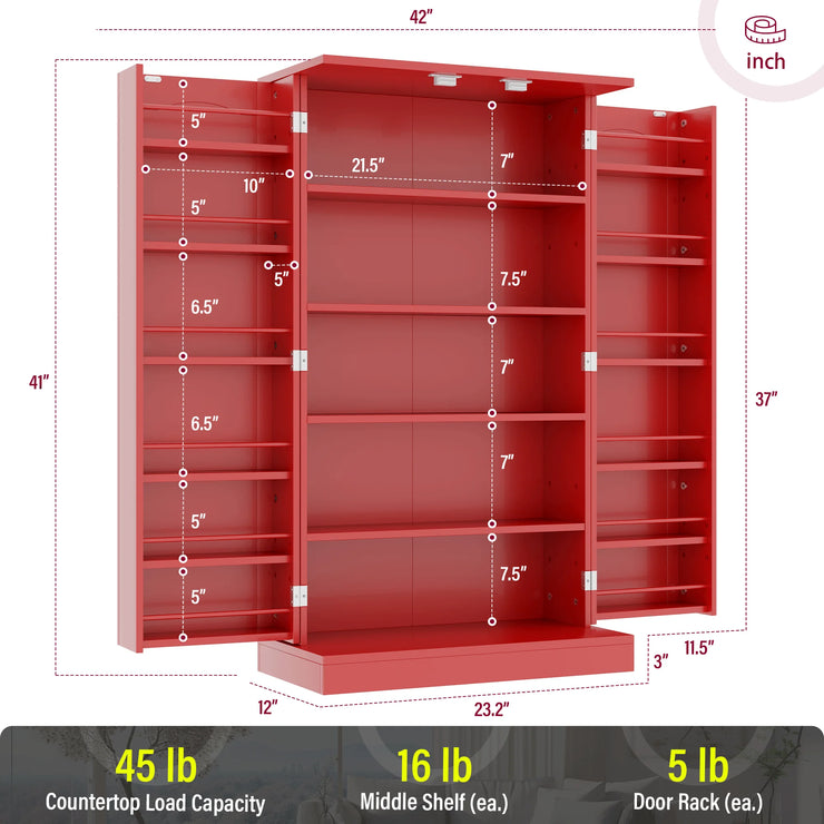 41" Kitchen Pantry, Farmhouse Pantry Cabinet, Storage Cabinet with Doors and Adjustable Shelves (Red)