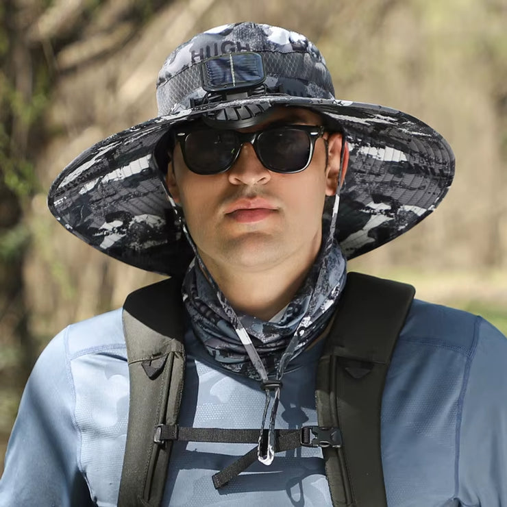 Wide Brim Solar Fan Outdoor Fishing Hat,Men Sun Hat with Solar Fan Fishing Hats,Solar Fan Hat Upf50+ Fan Hat