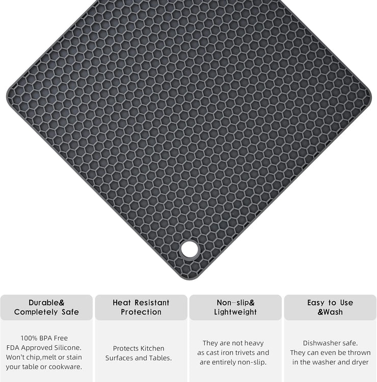 Silicone Trivets Mats Set, Silicone Hot Pads Pot Mat for Countertop, Trivet Pads Heat Resistant, Table Placemats, Square Small Drying Mats, 4 Pack, Black Trivets