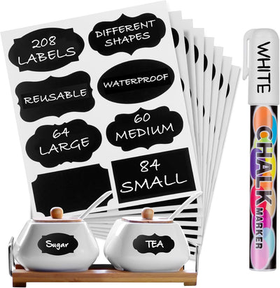 208PCS Chalkboard Labels Stickers, Waterproof Removable Erasable Decorative Premium Label Sticker with Chalk Marker for Pantry,Bottles,Mason Jars,Containers,Organize Your Kitchen&Office